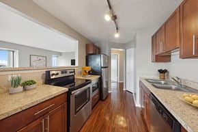 Chicago apartment for rent - furnished kitchen with granite counter tops and stainless steel appliances and wood flooring