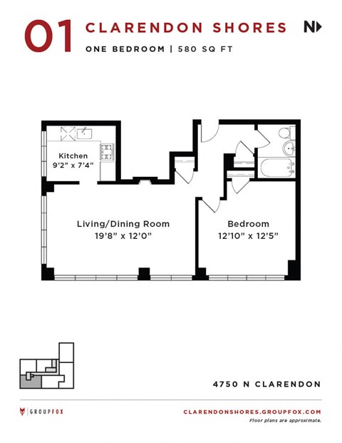Floor plan for 1 bed, 1 bath, 625 sqft
