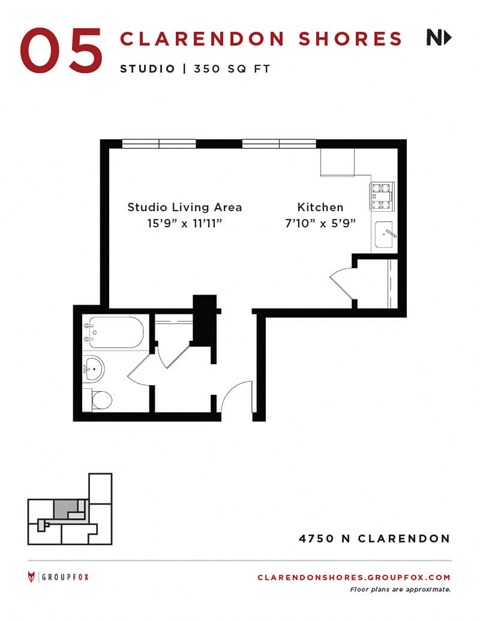 Floor plan for studio, 1 bath, 350 sqft