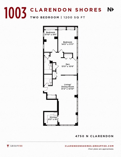 Floor plan for 2 beds, 2 baths, 1275 sqft