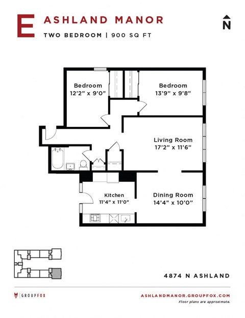 Floor plan for 2 beds, 1 bath, 875 sqft