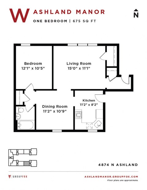Floor plan for 1 bed, 1 bath, 700 sqft