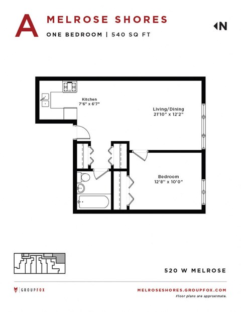 Floor plan for 1 bed, 1 bath, 540 sqft