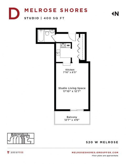 Floor plan for studio, 1 bath, 400 sqft