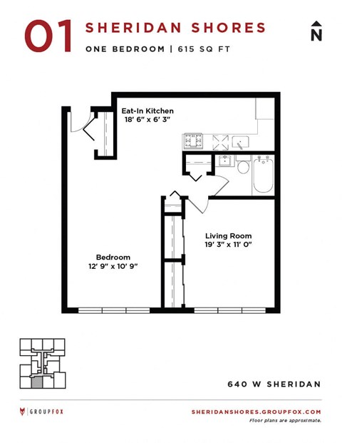Floor plan for 1 bed, 1 bath, 700 sqft