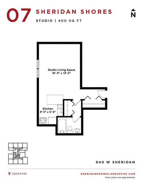 Floor plan for studio, 1 bath, 400 sqft