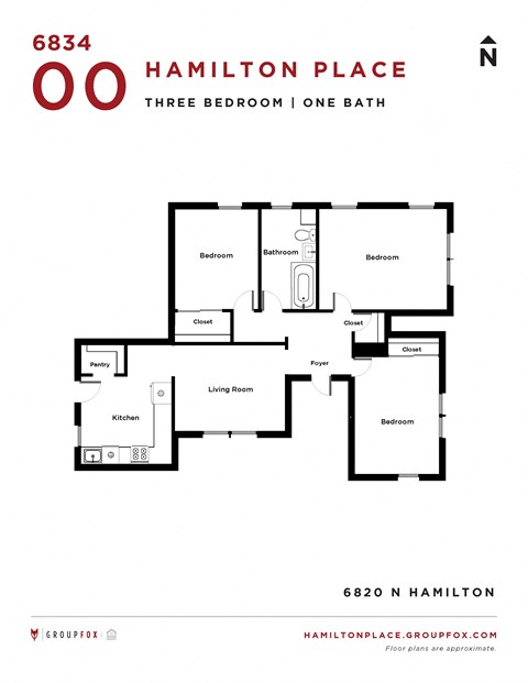 Floor plan for 3 beds, 1 bath, 1025 sqft
