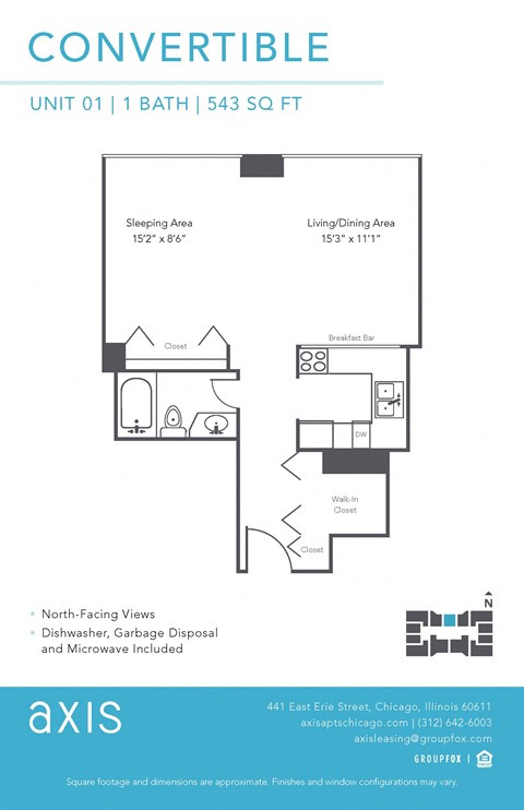 Floor plan for studio, 1 bath, 555 sqft