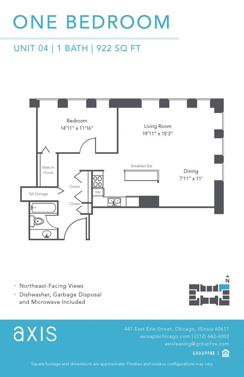 Floor plan for 1 bed, 1 bath, 926 sqft