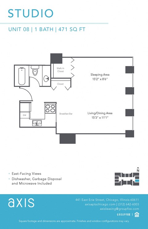 Floor plan for studio, 1 bath