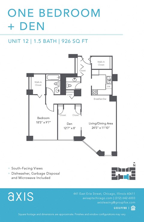 Floor plan for 1 bed, 1.5 baths, 926 sqft