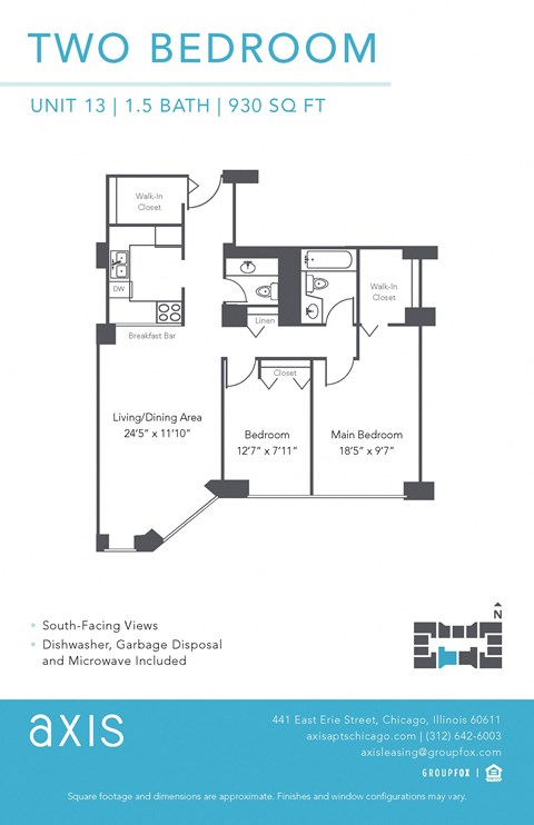 Floor plan for 2 beds, 1.5 baths, 930 sqft