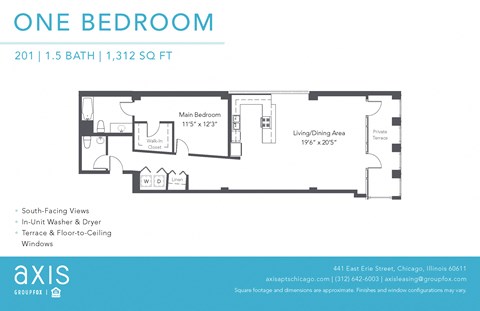 Floor plan for 1 bed, 1 bath, 1317 sqft