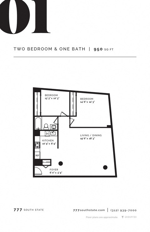 Floor plan for 2 beds, 1 bath, 938 sqft