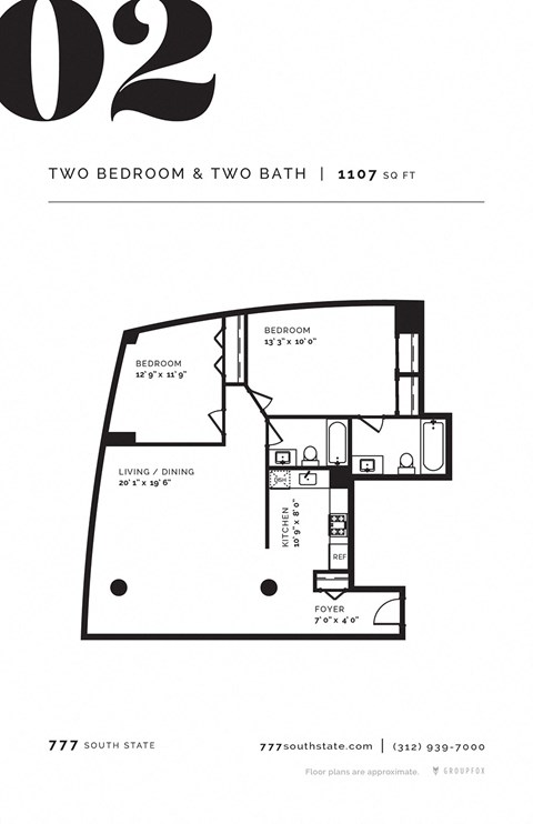 Floor plan for 2 beds, 2 baths, 968 sqft