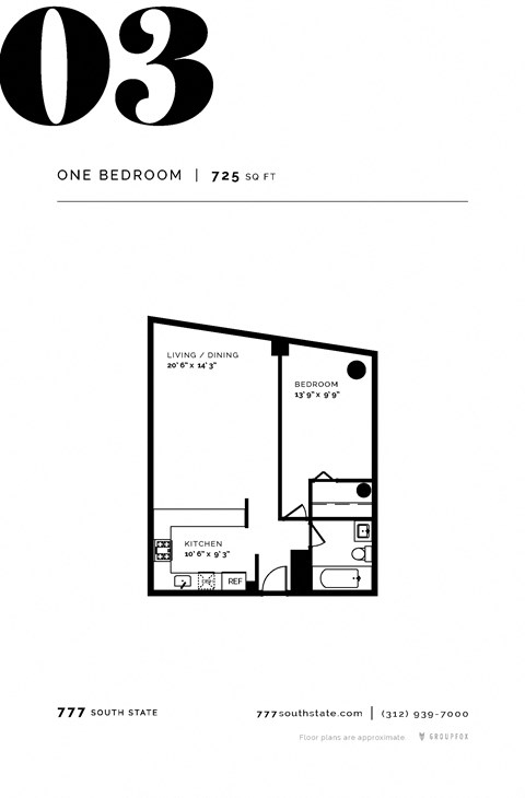 Floor plan for 1 bed, 1 bath, 748 sqft