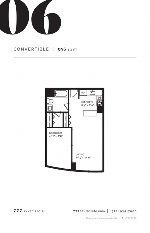 Floor plan for studio, 1 bath, 647 sqft