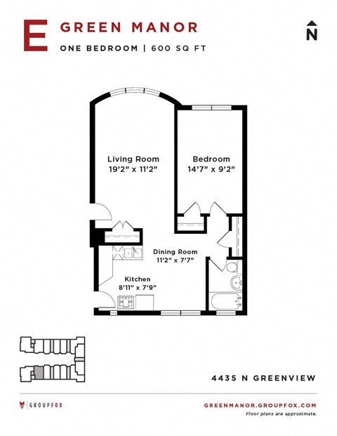 Floor plan for 1 bed, 1 bath, 825 sqft