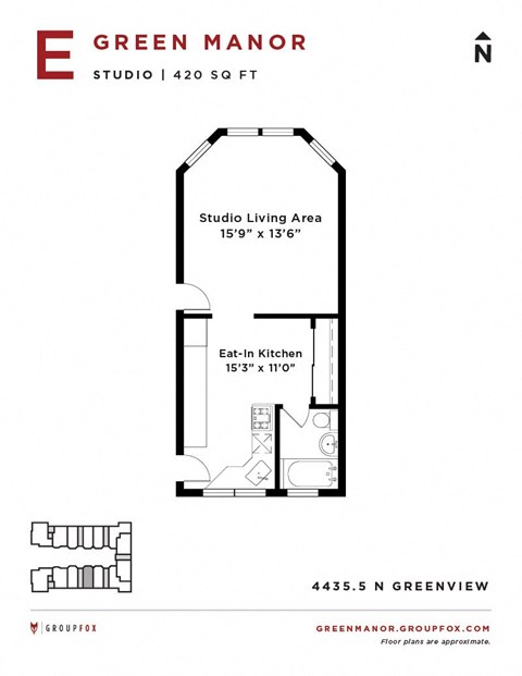 Floor plan for studio, 1 bath, 500 sqft