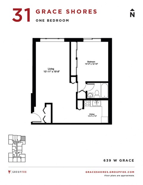 Floor plan for 1 bed, 1 bath, 600 sqft