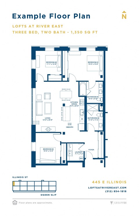 Floor plan for 3 beds, 2 baths, 1348 sqft