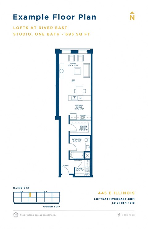 Floor plan for studio, 1 bath, 593 sqft