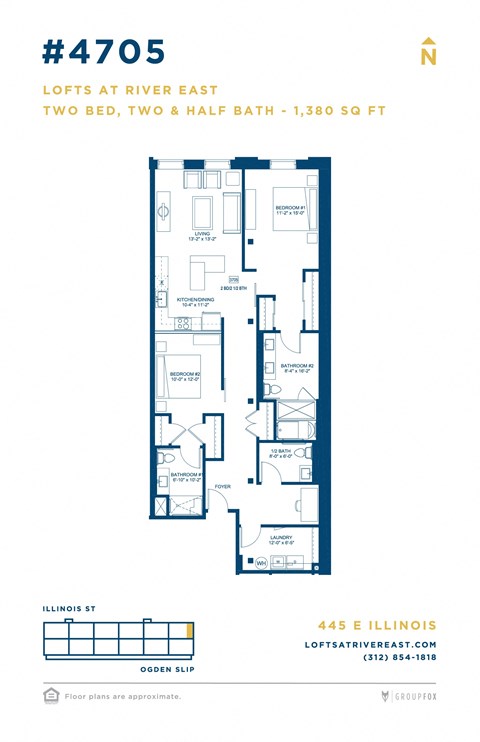 Floor plan for 2 beds, 2 baths, 1739 sqft