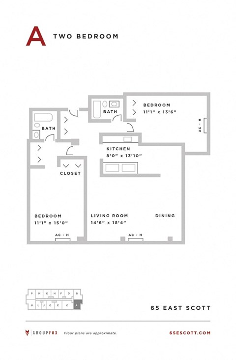Floor plan for 2 beds, 2 baths, 1031 sqft