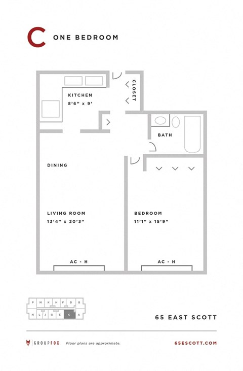 Floor plan for 1 bed, 1 bath, 751 sqft