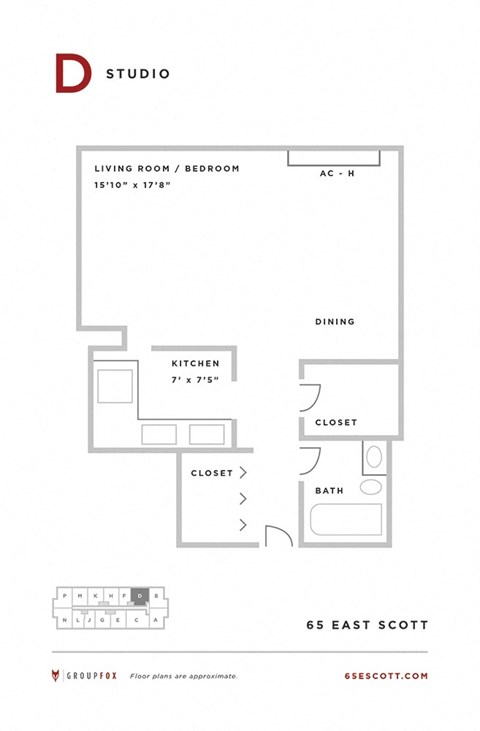 Floor plan for studio, 1 bath, 514 sqft
