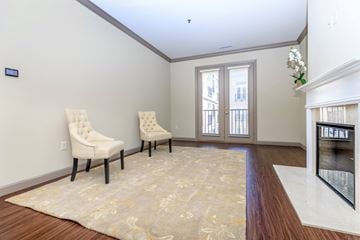 St. Louis apartment for rent - a living room with two chairs and a fireplace and a rug