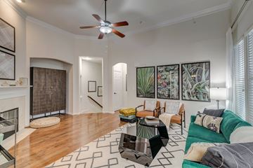 San Antonio apartment for rent - A living room with a green couch and a fireplace.