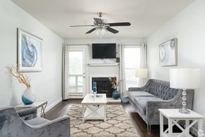St. Louis apartment for rent - A living room with a grey couch, a white coffee table, and a fireplace.