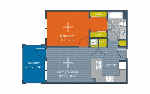 Floor plan for 1 bed, 1 bath, 620 sqft