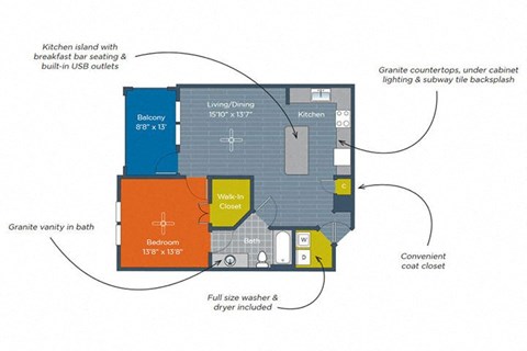 Floor plan for 1 bed, 1 bath, 755 sqft