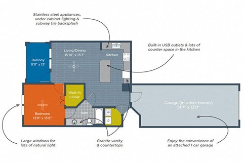 Floor plan for 1 bed, 1 bath, 755 sqft