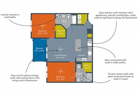 Floor plan for 2 beds, 2 baths, 1040 sqft