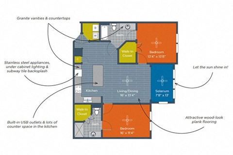 Floor plan for 2 beds, 2 baths, 1140 sqft