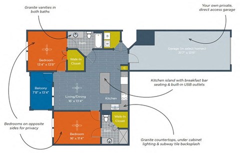 Floor plan for 2 beds, 2 baths, 1040 sqft