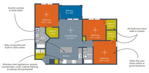 Floor plan for 3 beds, 2 baths, 1240 sqft