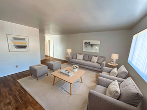 Fort Collins apartment for rent - A living room with a grey couch, a coffee table, and a painting on the wall.