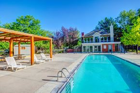 Fort Collins apartment for rent - A large swimming pool with a wooden pavilion and sun loungers.