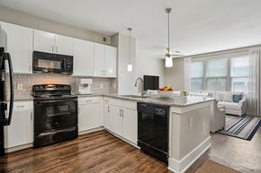 Cypress apartment for rent - A modern kitchen with white cabinets and black appliances.