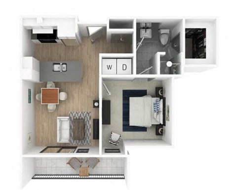 Floor plan for 1 bed, 1 bath, 677 sqft