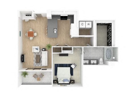 Floor plan for 1 bed, 1 bath, 886 sqft