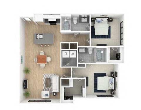Floor plan for 2 beds, 2 baths, 1169 sqft