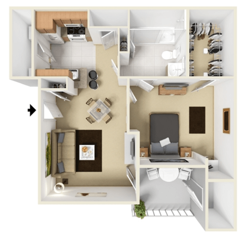 Floor plan for 1 bed, 1 bath, 623 sqft