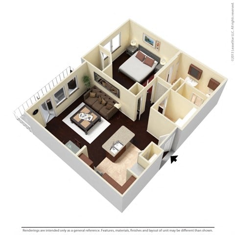 Floor plan for 1 bed, 1 bath, 765 sqft