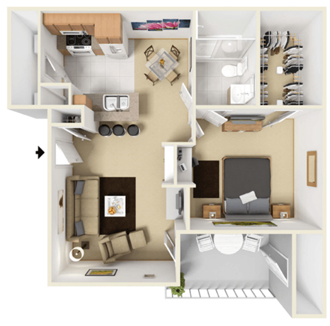 Floor plan for 1 bed, 1 bath, 747 sqft