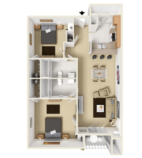 Floor plan for 2 beds, 2 baths, 935 sqft